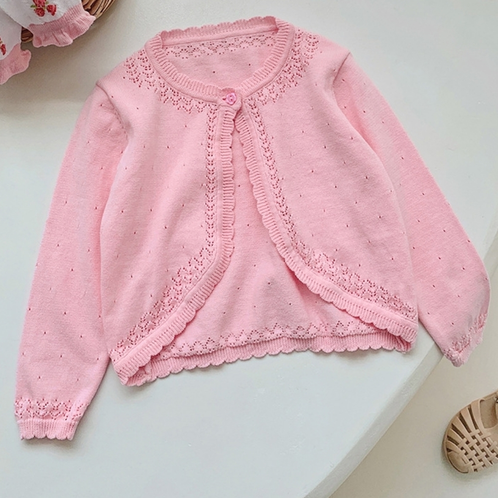 2/25 Girls Scallop Trim Single Button Cardigan